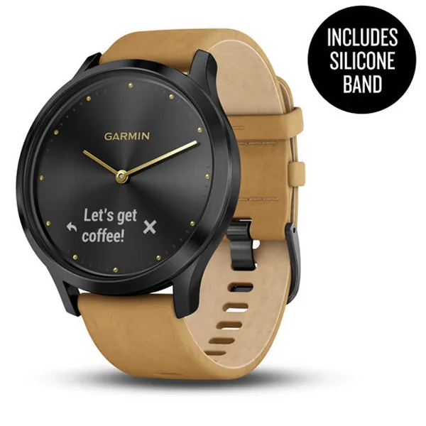 Смарт-часы Garmin VivoMove HR чёрный оникс со светло-коричневым кожаным ремешком